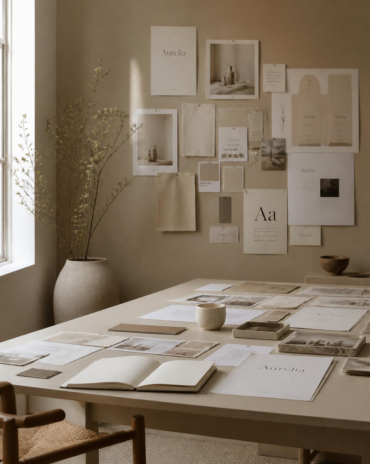 Studioraum mit Moodboards und Materialmustern
