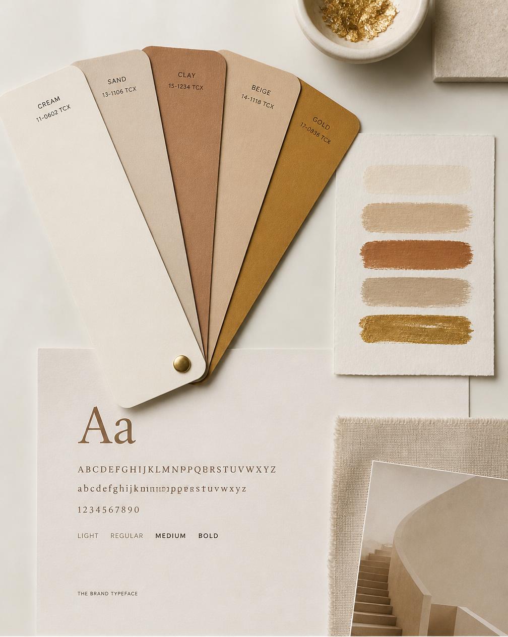 Farbkarten und Design-System-Muster auf hellem Studiotisch