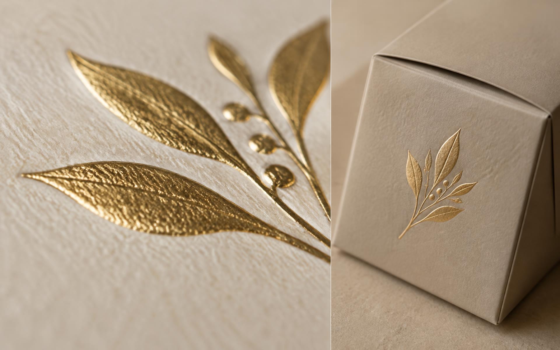 Goldprägung auf cremefarbenem Naturpapier und Faltschachtel